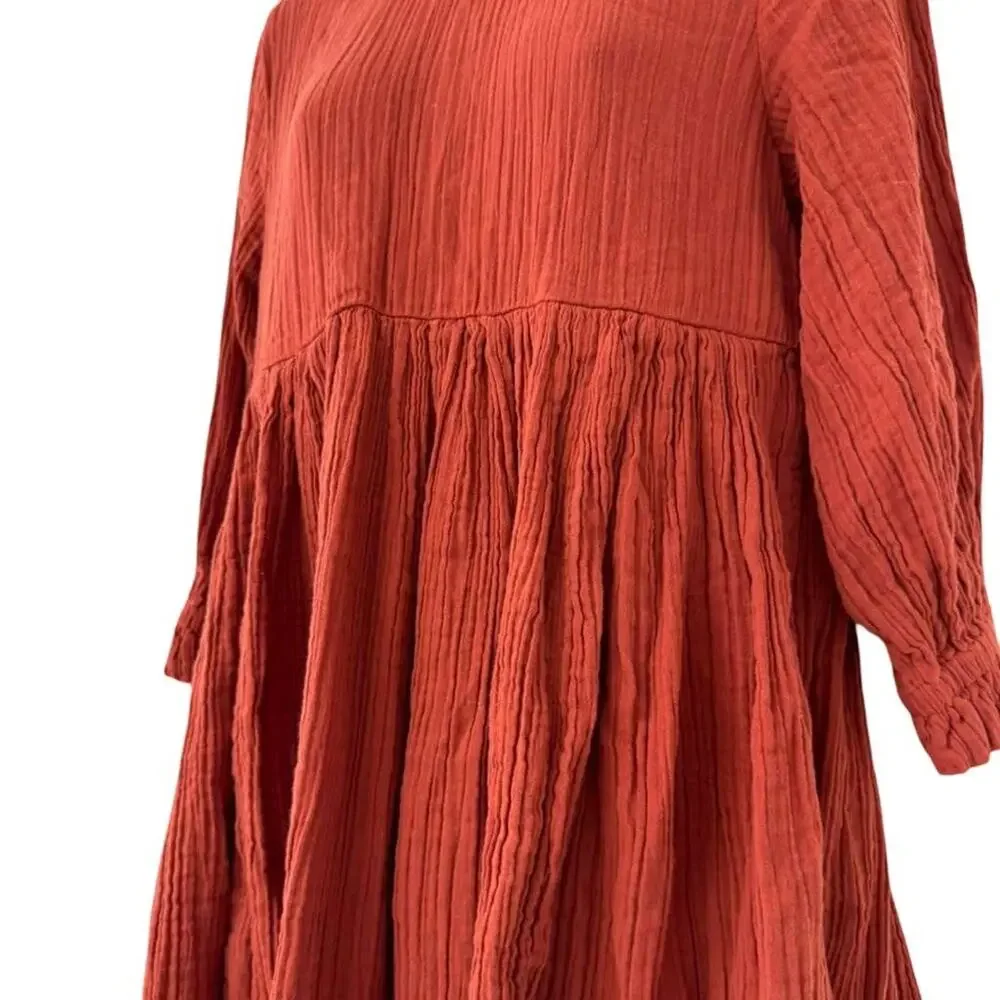 Free People Mini Oversized 3/4 Sleeve Gauze Dress Dark Orange 100% Cotton sz XS